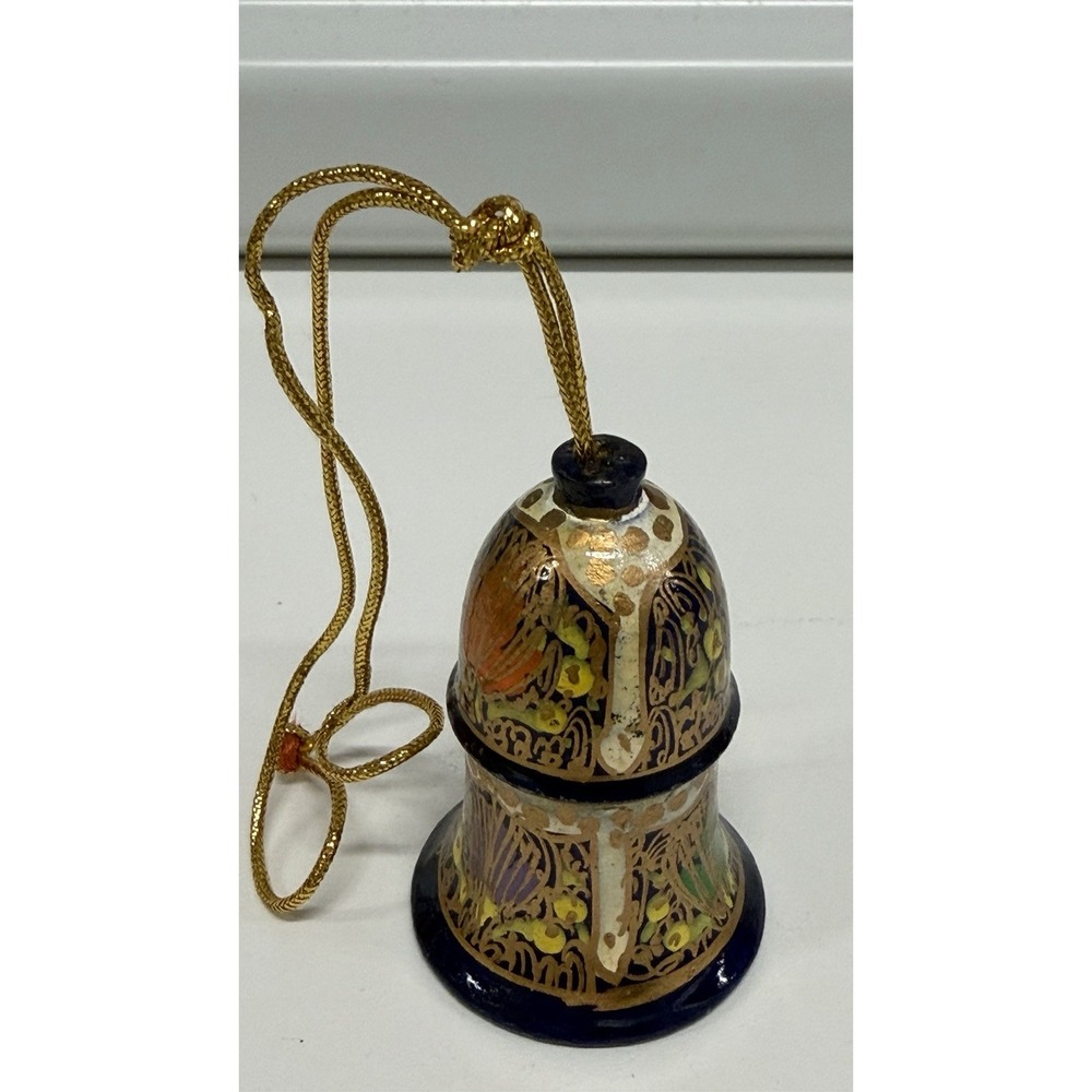 Painted Paper Mache Floral Decorative Bell Small Black Gold Ornament